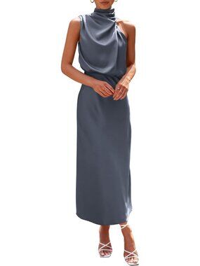 〽️Women's Grey Blue Satin Maxi Dress Mock Neck Sleeveless Wedding Guest Formal